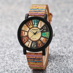 Vintage Wood Grain Women’s Watch Color Block Fashion Analog PU Leather