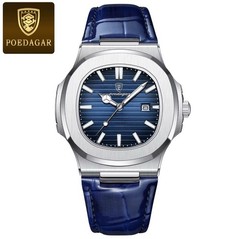 Poedagar 613 Men’s Analog Quartz Luminous Watch With Date Genuine Leather Blue
