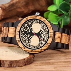 Two-Tone Brown Wooden Watch Men Women Full Wood Tree of Life Arabic Numeral Case