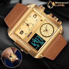 Men’s Triple Sub-Dial Quartz Watch Genuine Leather 3 Timezone Stopwatch Gold
