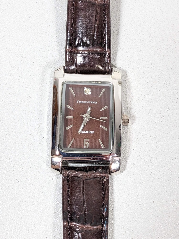 Cerentino Womans Brown Dial Silver Tone Rectangle Case Brown Band Watch 7.5 In