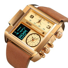 Men’s Triple Sub-Dial Quartz Watch Genuine Leather 3 Timezone Stopwatch Gold