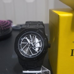 Invicta Men’s Quartz Skeleton Dial Black Stainless Steel Bracelet Watch w/ Box