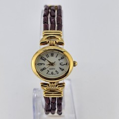 Women’s Analog Watch 25MM Light Yellow Dial Gold Purple Bands 6.75″ NEW Battery