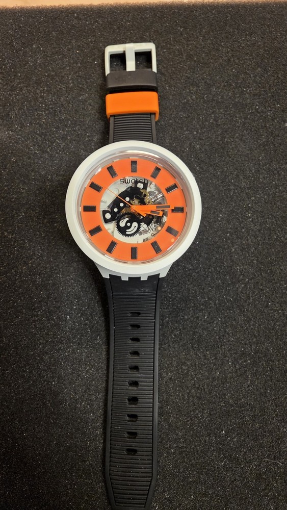 Swatch Bioceramic Orack 47mm Quartz Orange Skeleton Dial Watch SB03M104