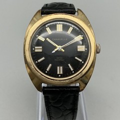 Vintage Caravelle Mens Watch 33mm Black Dial Gold Tone Case Manual Leather Strap