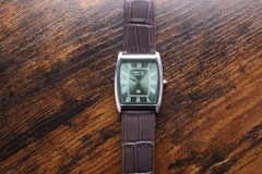 Vintage Seiko Quartz Slim Barrel Tank Green Dial Dark Brown leather Dress Watch