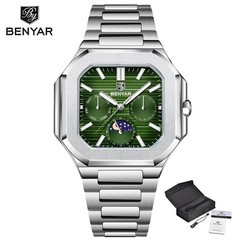 BENYAR BY5221 Square Moonphase Men’s Quartz Watch Sapphire Glass Stainless Steel