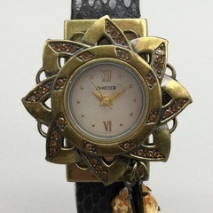 Chicos Womens Watch 35mm Sun Gold Tone Crystals Black Cuff Bracelet New Battery