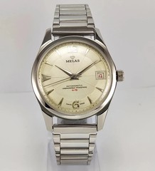 Working Melas Pearl Dial Date Function Handwinding Transparent Back Wrist Watch