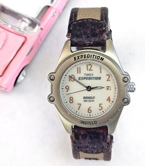 Timex Expedition INDIGLO Gold Tone Leather-Nylon Strap Date 30mm Analog Watch