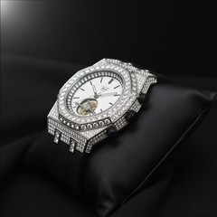 Men’s 43mm Iced Out Octagonal Watch, Silicone Band, Stylish & Durable Timepiece