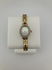 Vtg Austin Lades 17mm Watch Gold Tone Diamond & Ruby Bezel MOP Dial 5.75″ – RUNS