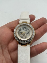 Anne Klein AK Automatic Skeleton Crystal Bezel White Leather Watch 10/8818