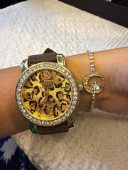 Vivani Women’s Quartz Analog Wristwatch Leopard Dial Gem-Set Bezel Brown Band