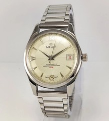 Working Melas Pearl Dial Date Function Handwinding Transparent Back Wrist Watch