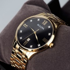 Bulova 97D108 Classic Diamond Black Dial Gold Stainless Steel Quartz Men’s Watch