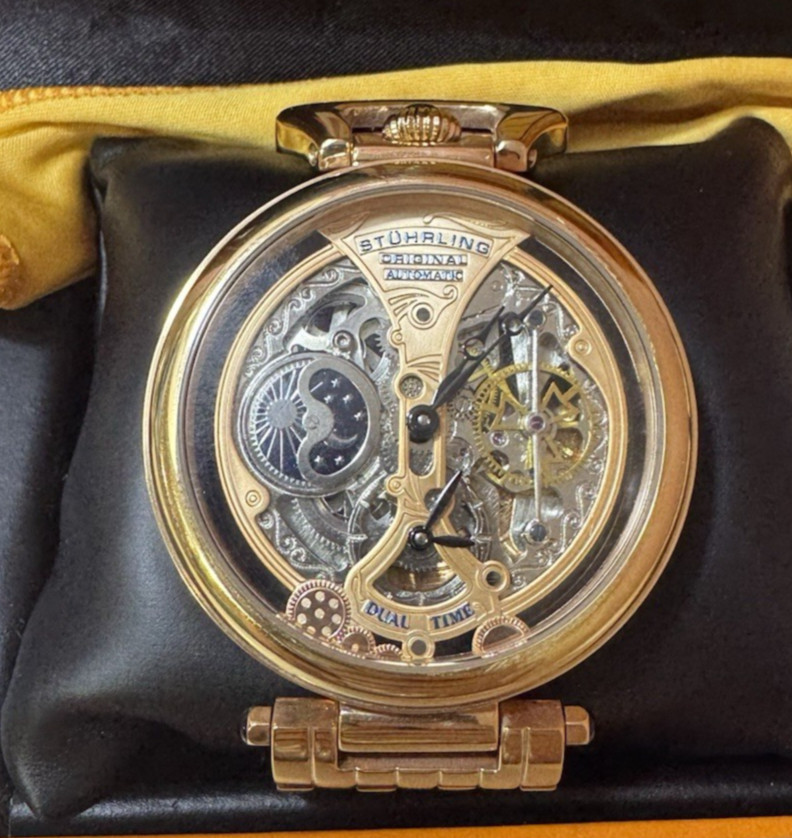 Stuhrling Legacy 4003 Automatic Dual Time Skeleton Rose Gold Never worn with Box