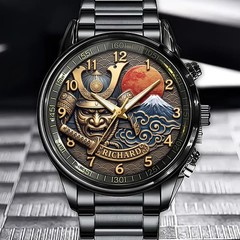 Personalized Japanese Samurai Design Watch – Custom Name Engraved Timepiece