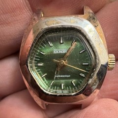 Kronotron Manual Wind Analog Watch Green Dial Baton Indexes Gold Cushion Case