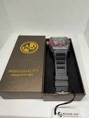 MENS Skeleton Automatic Carbon Fiber Style Red Black Rubber Strap Watch Box