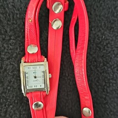 LA MER Collections Quartz Red Leather Wrap Watch Rectangular White Roman Dial