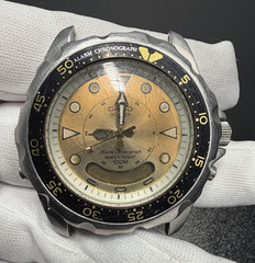 Casio Alarm Chronograph Men’s Quartz 100m 42mm Gold Dial Black Bezel Resin Arnie