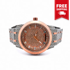 Men’s Rose Gold Iced Out Quartz Watch Two Tone Hip Hop Style 44mm