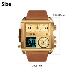 Men’s Triple Sub-Dial Quartz Watch Genuine Leather 3 Timezone Stopwatch Gold