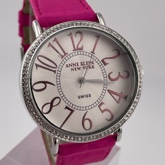 Anne Klein Watch New York Womens 40mm Case Pink Leather Nylon Band Quartz