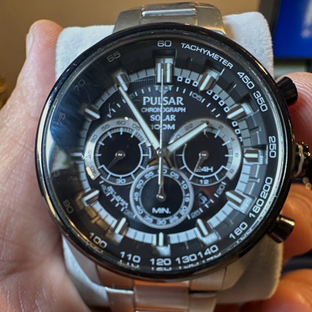 Pulsar Chronograph Solar Men’s Quartz Tachymeter Black Dial 43mm 100m SS