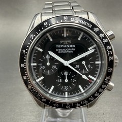 Technos Chronograph Watch Men 42mm Black Dial Silver Tone Round T4146 New Batt L