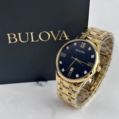 Bulova 97D108 Diamond Black Dial Gold Bracelet Classic Men’s Quartz Watch 40mm