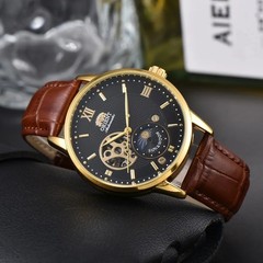 Sun & Moon Semi Skeleton Automatic Watch Men’s Leather Strap Luxury Gift