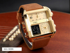 Men’s Triple Sub-Dial Quartz Watch Genuine Leather 3 Timezone Stopwatch Gold