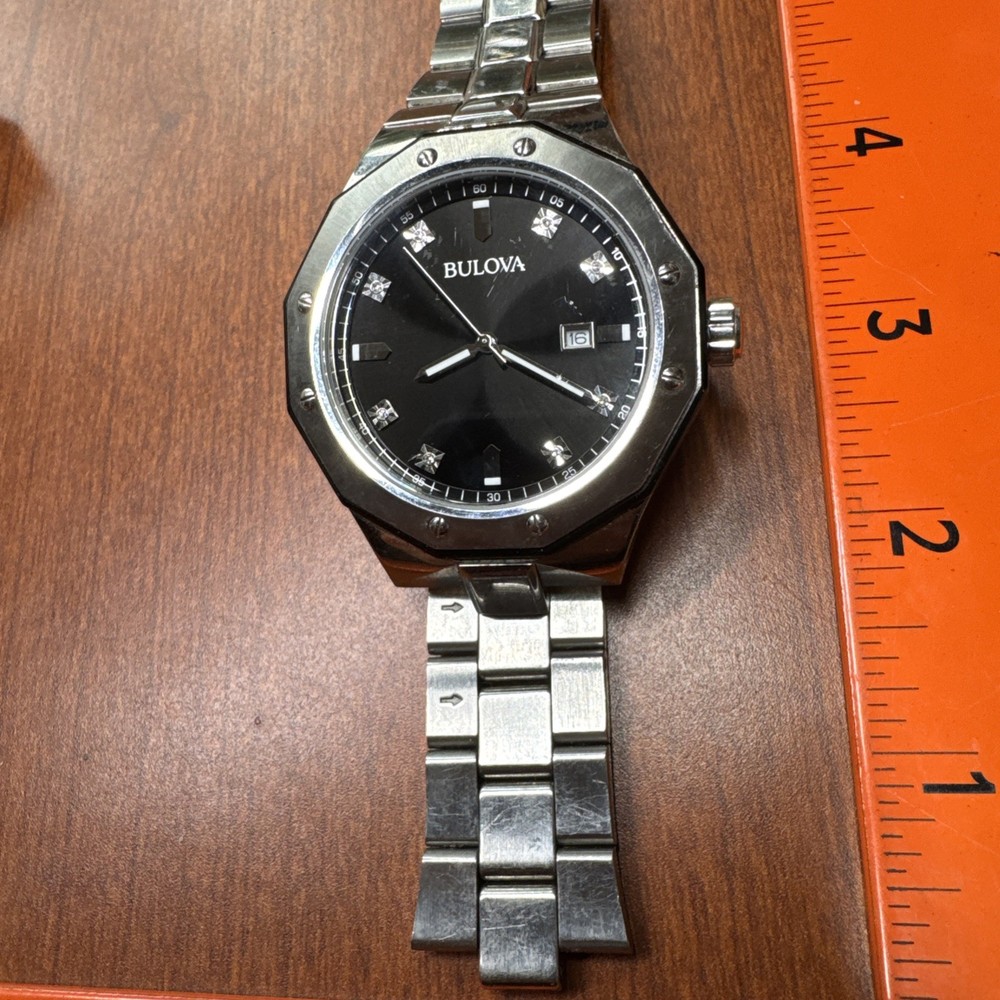 Bulova 98D103 Men’sStainless Steel Watch 08 DIAMONDS WORKS, MISSING END LINK