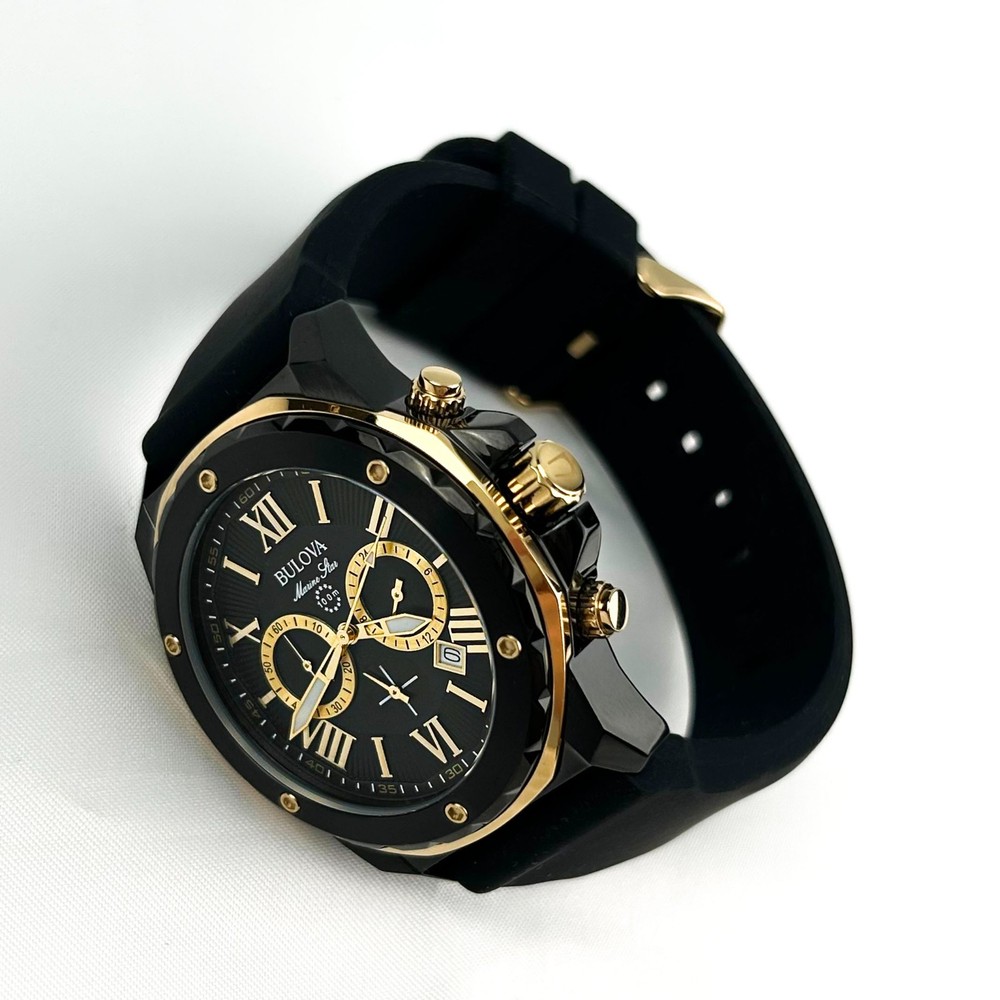 New w/box/Bulova Men’s Marine Star 98B278 Black Dial Silicone Strap Quartz|Watch