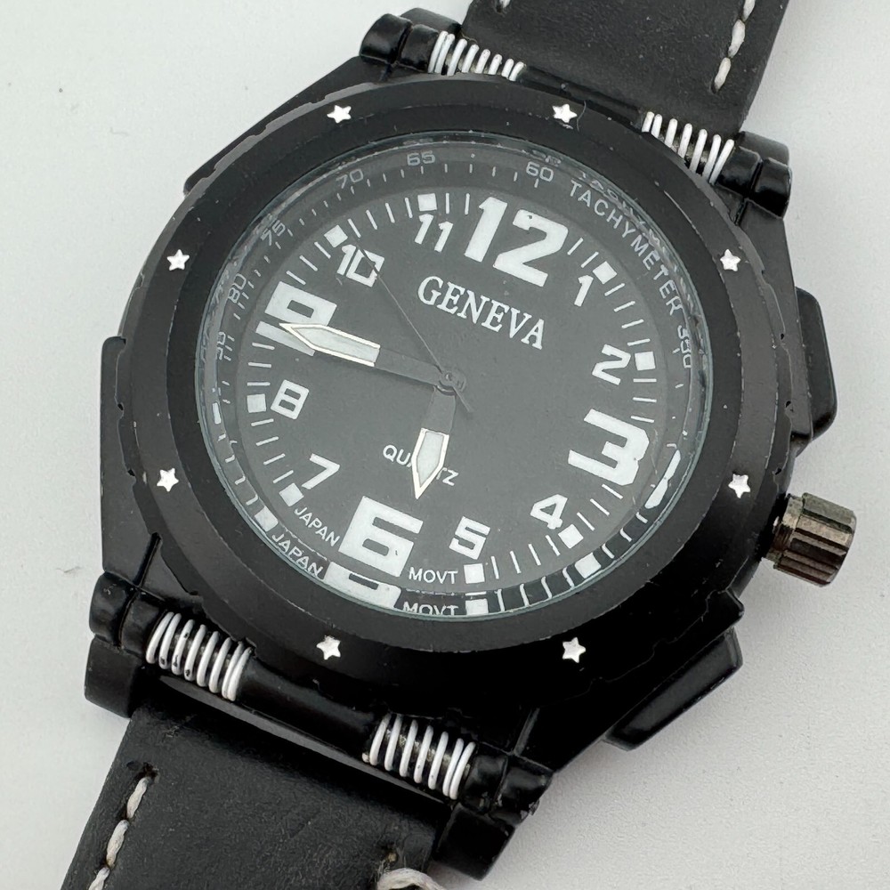 Geneva Quartz Watch Men Black Easy Read Japan Movt Large 51mm Analog New Battery
