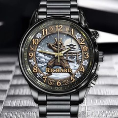 Personalized Japanese Samurai Design Watch – Custom Name Engraved Timepiece