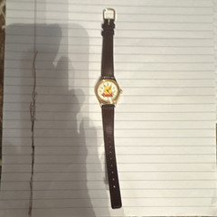 Winnie the Pooh Cartoon Quartz Analog Watch Round Gold Case Black Leather