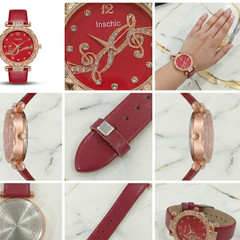 Women’s Red Leather Strap Quartz Watch Round Dial Casual Fashion Used Working