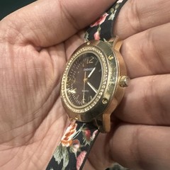 Works EMBASSY Ladies Watch Gold Crystal Tone New Battery Floral Strap 36mm Fit 7