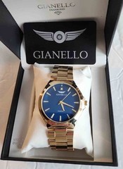 Gianello GIOTTO Round Gold Link 1/10 Diamond Quartz Watch Blue Face Men’s