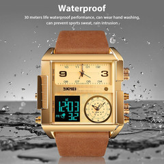 Men’s Triple Sub-Dial Quartz Watch Genuine Leather 3 Timezone Stopwatch Gold
