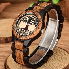 Two-Tone Brown Wooden Watch Men Women Full Wood Tree of Life Arabic Numeral Case