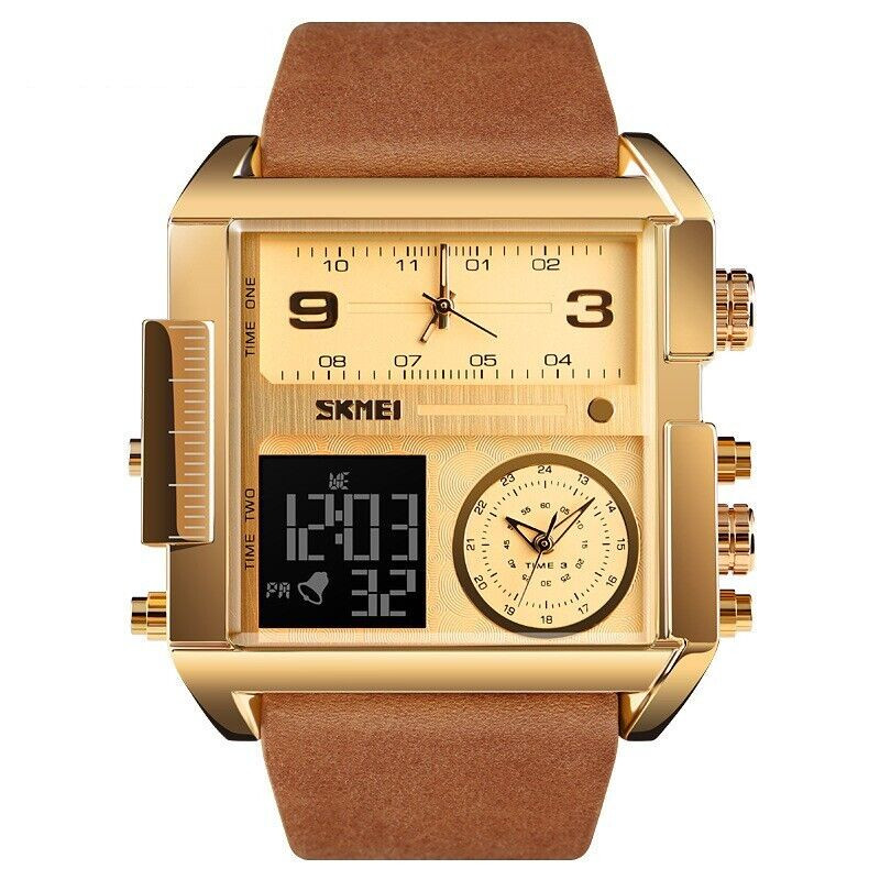 Men’s Triple Sub-Dial Quartz Watch Genuine Leather 3 Timezone Stopwatch Gold