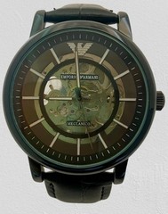 Luxury Emporio Armani Skeleton Dial Men’s Automatic Wristwatch Leather Strap