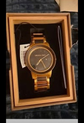 Original Grain Mens Classic Watch Gold Metal Band Wood Grain Dial Brown Bezel