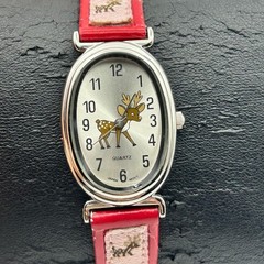 Reindeer Oval Dial Silver-tone Case Red & Pink Band Watch Working New Battery