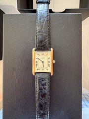 Cartier Must de Cartier Tank Quartz Gold Plated Black Leather Ivory Roman
